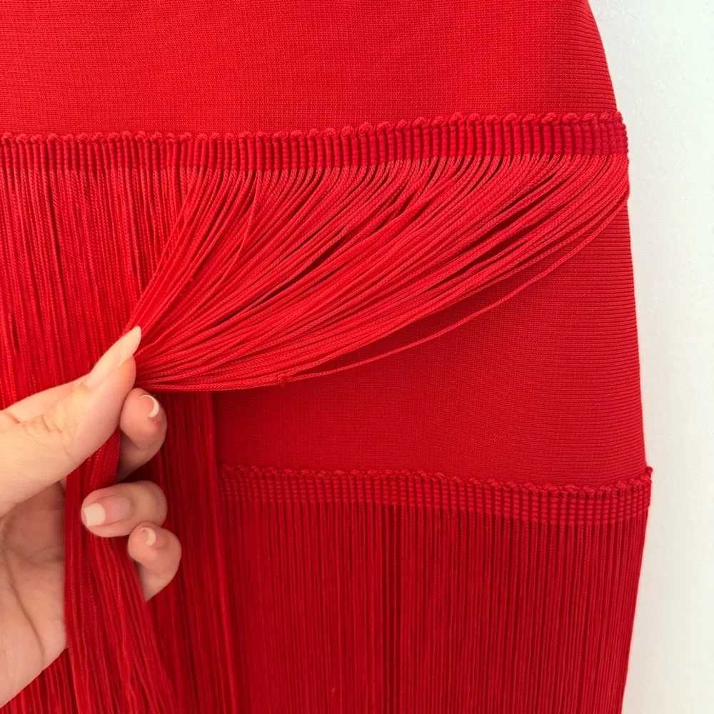 STYLE OF CB Red Midi Bodycon Dress w/ Maxi Length Tiered Fringe, Size XS - Picture 10 of 14